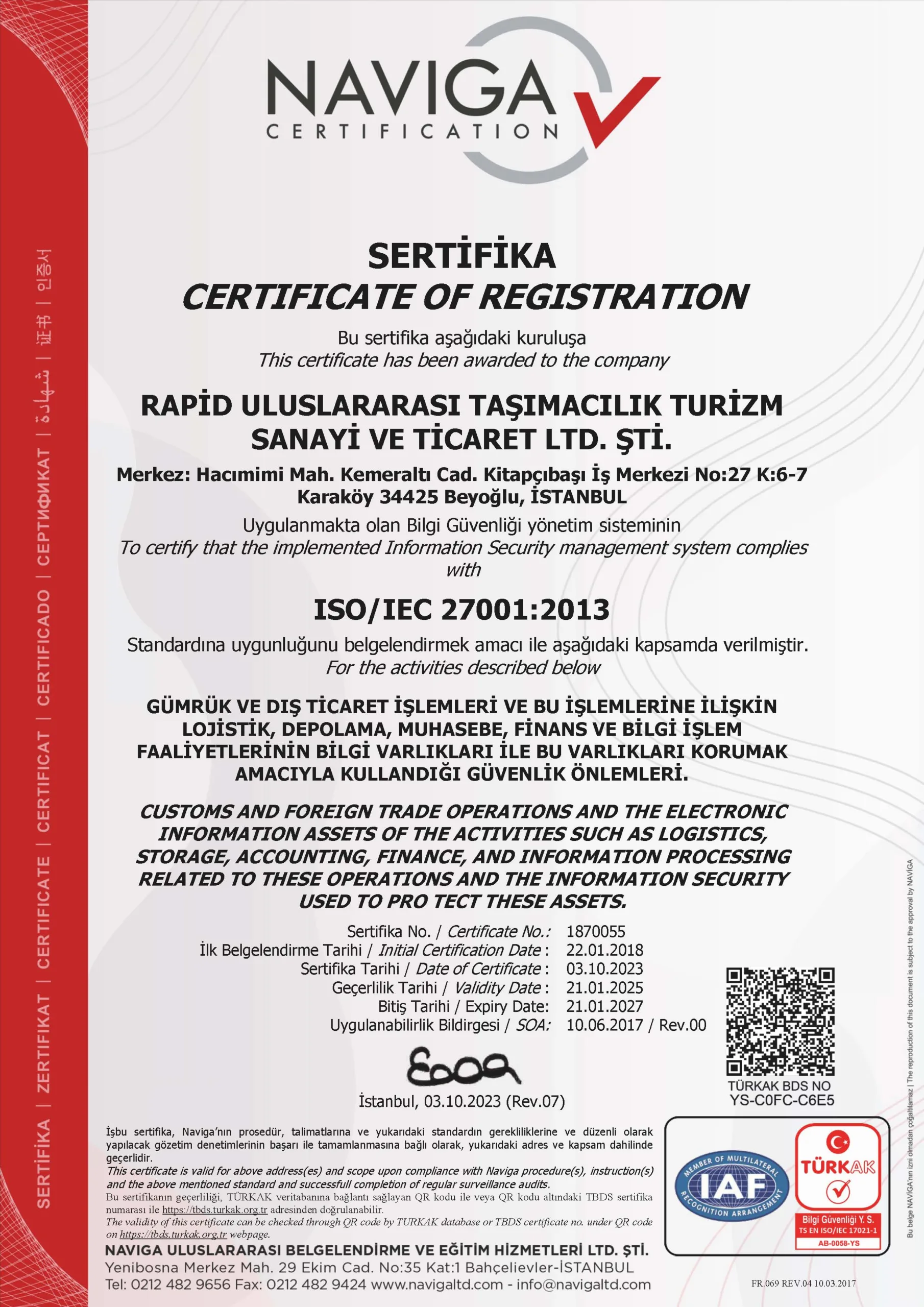 Certificat ISO 27001:2023 Managementul securității informației - Rapid International Transport