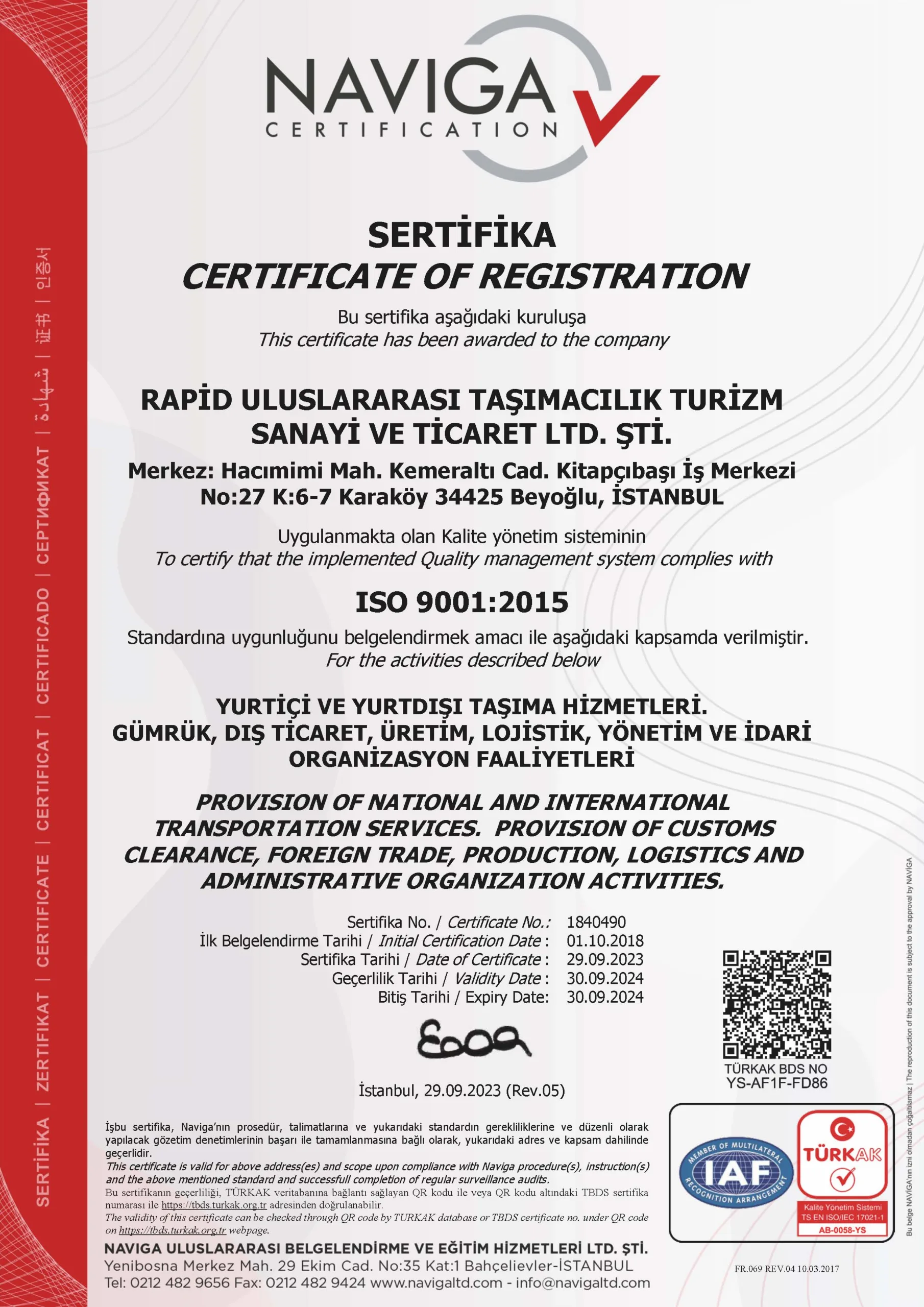 Certificat ISO 9001:2015 Sistem de management al calității - Rapid International Transport