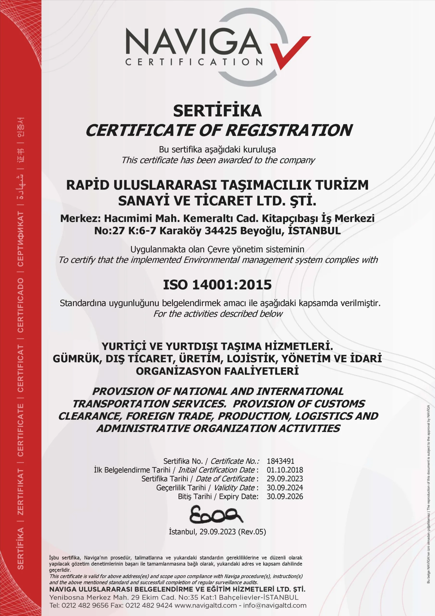 Certificat ISO 14001:2015 Sistem de management de mediu - Rapid International Transport