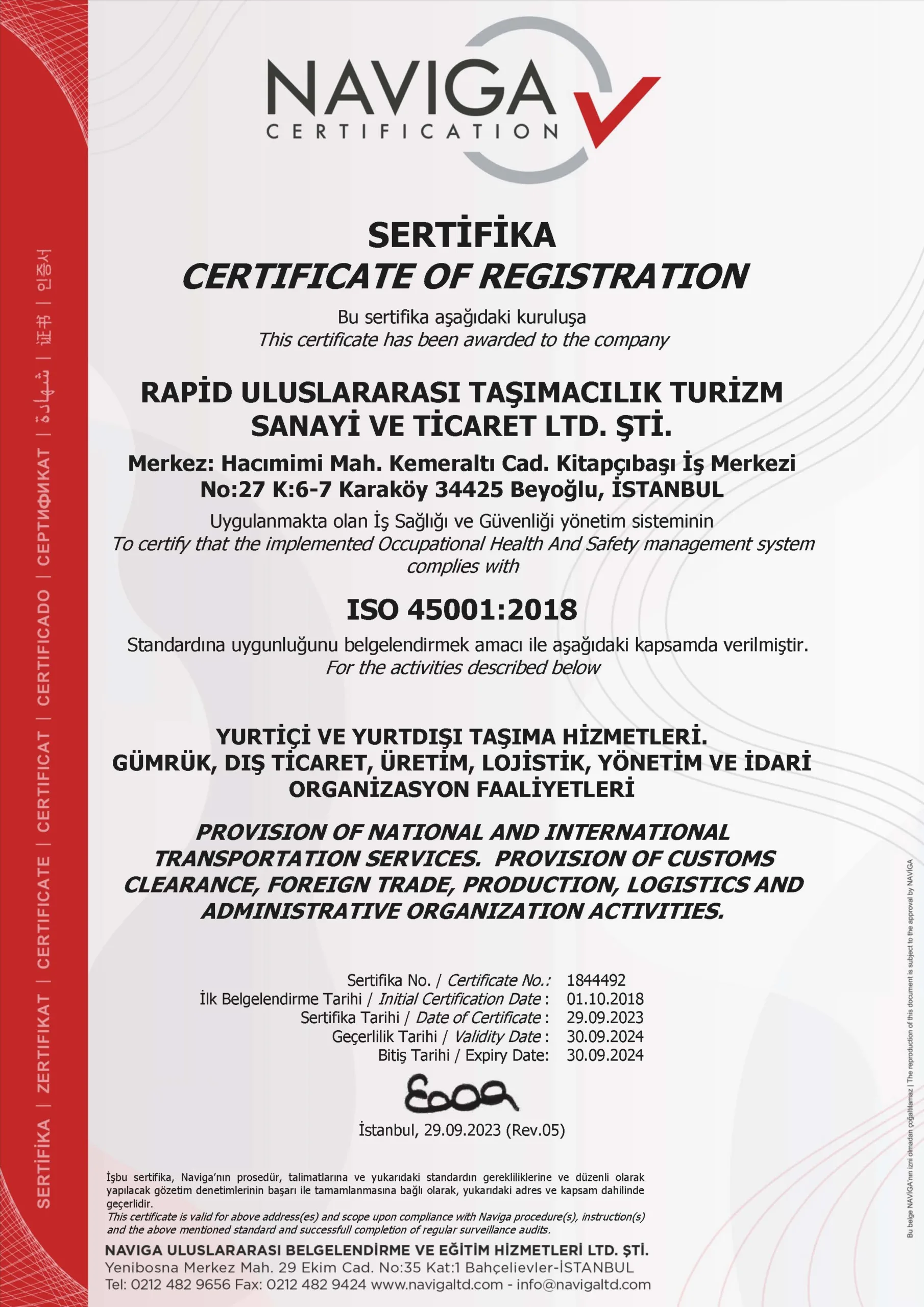 Certificat ISO 45001:2018 Sănătate și securitate în muncă - Rapid International Transport